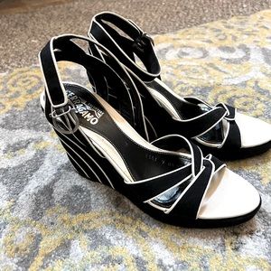 Ferragamo size 9 black and white wedges
